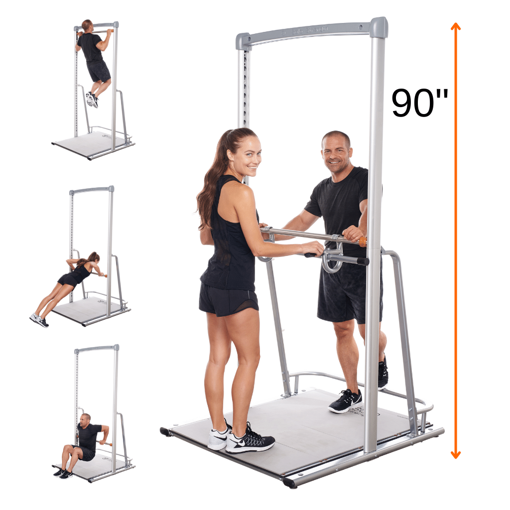 Fit man and woman on solostrength free standing pull up station adjustable height pull up bar 