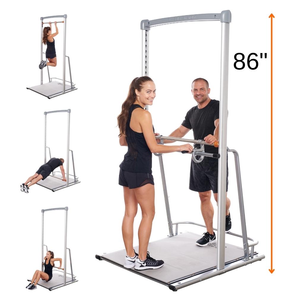 Shorter freestanding bodyweight exercise station demonstrating bodyweight exercise and pull ups with adjustable bar