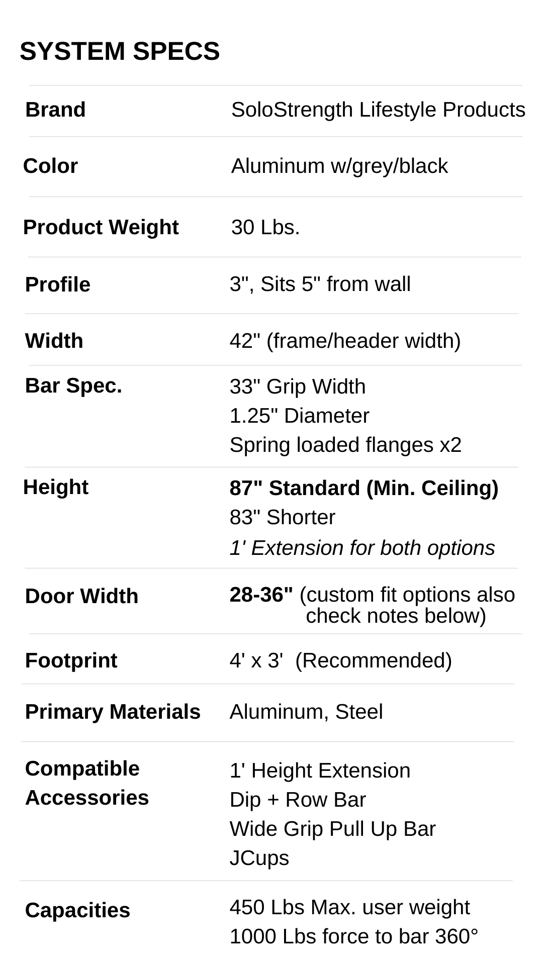 doorway gym training station system specifications size for solos strength home gym equipment