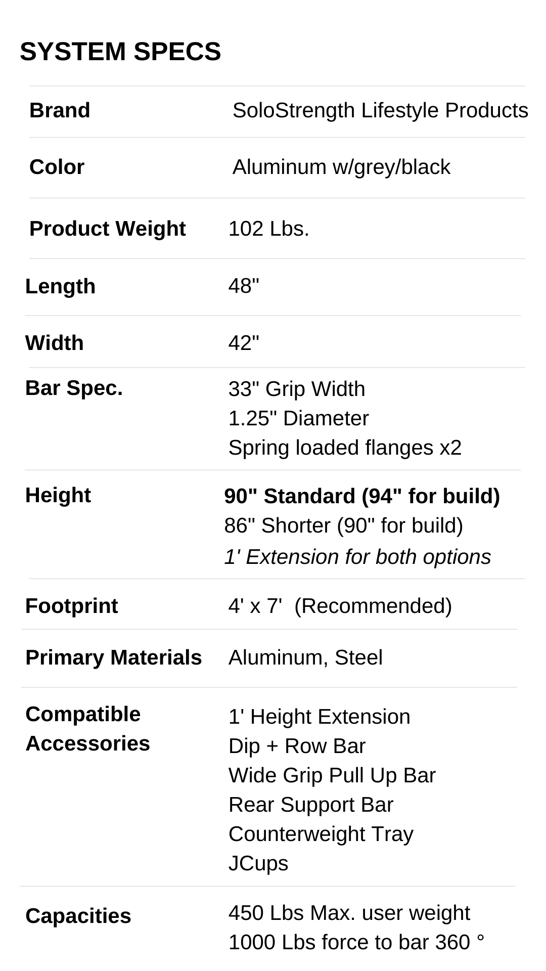 free standing training station syssem specifications size for solos strength home gym equipment