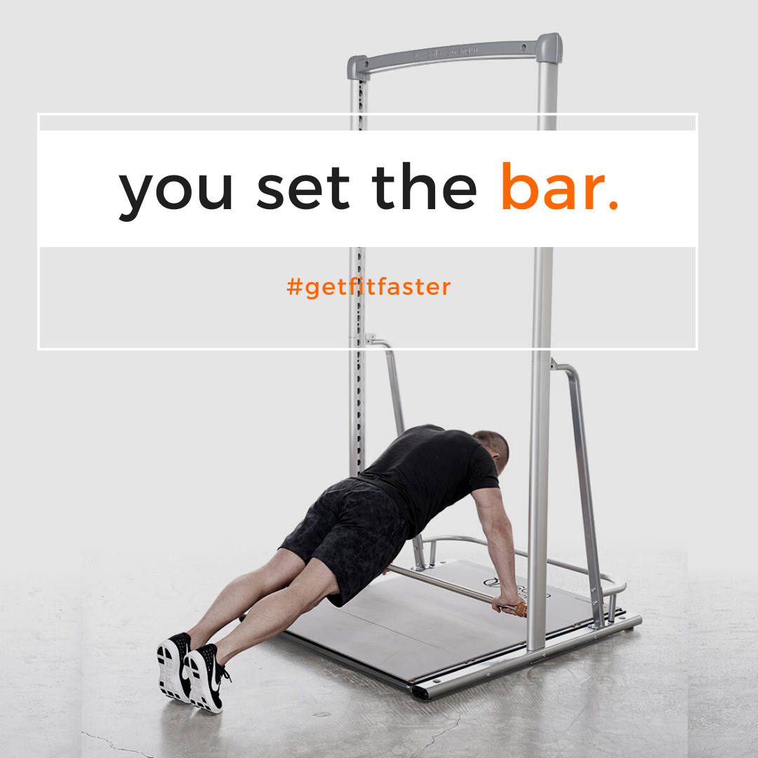 Free standing adjufitness trainer doing assisted pushups on SoloStrength adjustable height exercise barstable height bar pull up dip station by solostrength