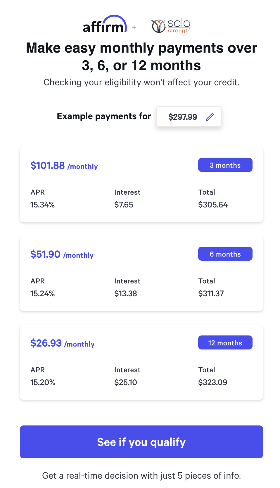 solostrength affirm financing payments information