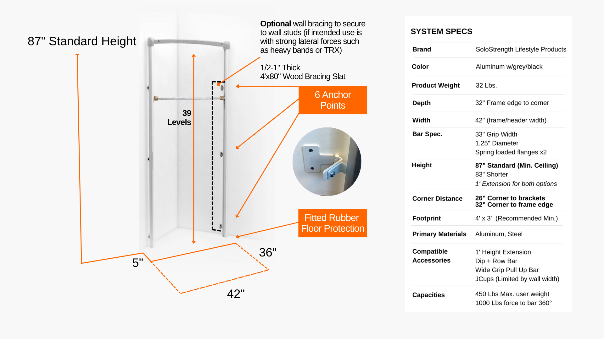 Desktop Specifications for corner gym adjustable height pull up bar bodyweight training equipment and dip station by solo strength