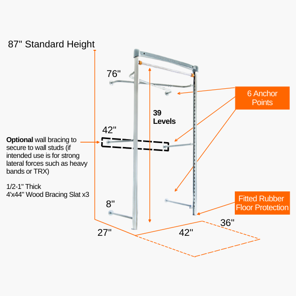 Mobile Specifications for freestanding adjustable height pull up bar bodyweight training equipment and dip station by solo strength